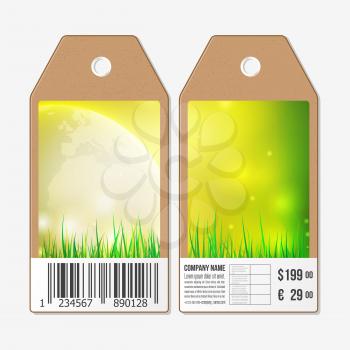 Vector tags design on both sides, cardboard sale labels with barcode. Spring background with green grass.