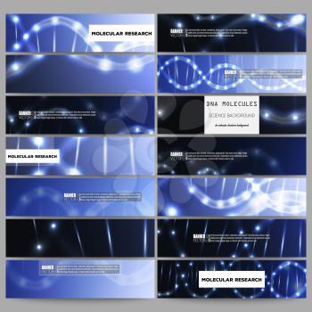Set of modern vector banners. DNA molecule structure on dark blue background. Science vector background.