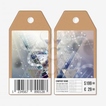 Vector tags design on both sides, cardboard sale labels with barcode. DNA molecule structure on a blue background. Science vector background.