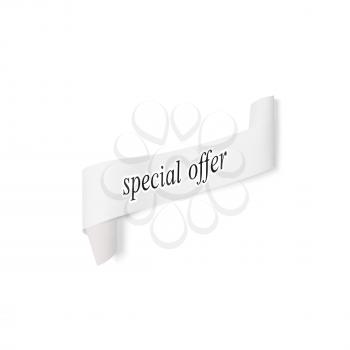 Special offer sign, paper banner, vector ribbon with shadow isolated on white.