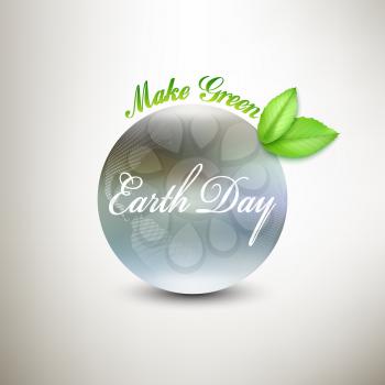 Earth Day background with the words, blurred planet and green leaves. Vector illustration.