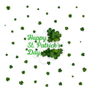 St Patricks day vector background, green clovers on white