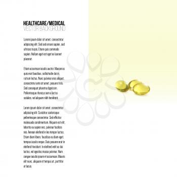 Fish oil, pills isolated on yellow background, vector background for brochure, flyer or banner.