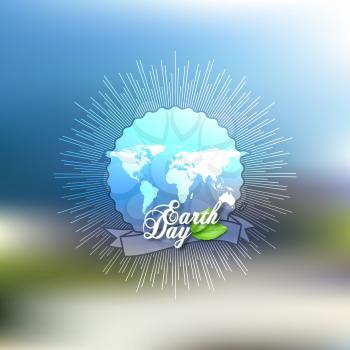 Earth Day background with the words, world map and green leaves. Blurred design vector illustration.