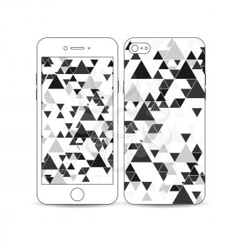 White mobile smartphone with an example of the screen and cover design isolated on white background. Triangular vector pattern. Abstract black triangles on white background.