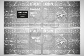 Vector set of tri-fold brochure design template on both sides with world globe element. Sacred geometry, triangle design gray background. Abstract vector illustration