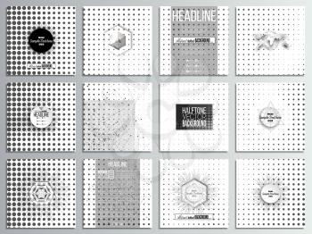Set of 12 creative cards, square brochure template design. Halftone vector background. Abstract halftone effect with black dots on white background.
