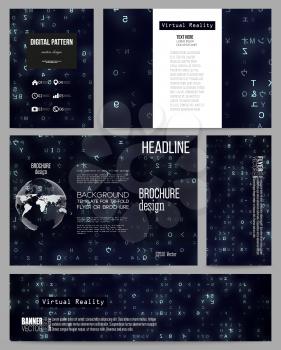 Set of business templates for presentation, brochure, flyer or booklet. Virtual reality, abstract technology background with blue symbols, vector illustration.
