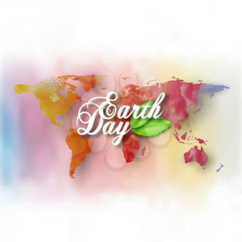 Earth Day background with the words, world map and green leaves. Watercolor design vector illustration.