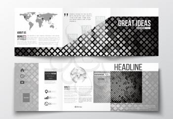 Vector set of tri-fold brochures, square design templates with element of world map and globe. Abstract polygonal background, modern stylish sguare design silver vector texture.