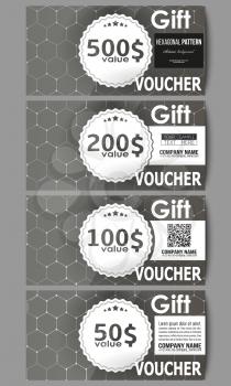 Set of modern gift voucher templates. Chemistry pattern, hexagonal design vector illustration.