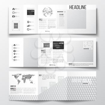 Vector set of tri-fold brochures, square design templates with element of world map and globe. Abstract colorful polygonal background, modern stylish triangle vector texture.