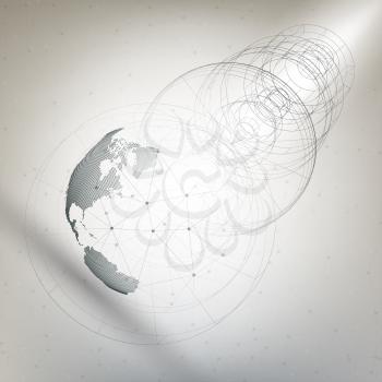Three-dimensional dotted world globe with abstract construction and molecules on gray background, low poly design vector illustration.