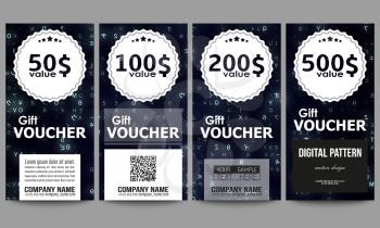 Set of modern gift voucher templates. Virtual reality, abstract technology background with blue symbols, vector illustration.