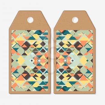 Vector tags design on both sides, cardboard sale labels. Material Design. Colored vector background.
