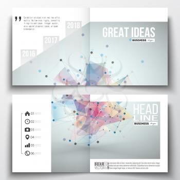 Vector set of square design brochure template. Molecular construction with connected lines and dots, scientific pattern on abstract colorful polygonal background, modern triangle vector texture