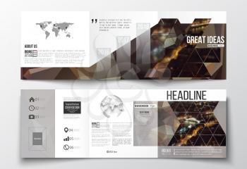 Vector set of tri-fold brochures, square design templates with element of world map and globe. Dark polygonal background, blurred image, night city landscape, Paris cityscape, triangular texture