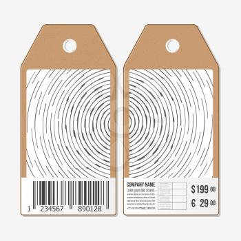 Vector tags design on both sides, cardboard sale labels with barcode. Circular, rotating background, vector illustration.