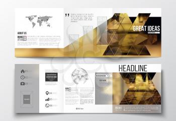Vector set of tri-fold brochures, square design templates with element of world map and globe. Colorful polygonal background, blurred image, night city landscape, triangular vector texture.