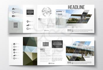 Vector set of tri-fold brochures, square design templates with element of world globe. Colorful polygonal background, blurred image, urban scene, modern stylish triangular vector texture.