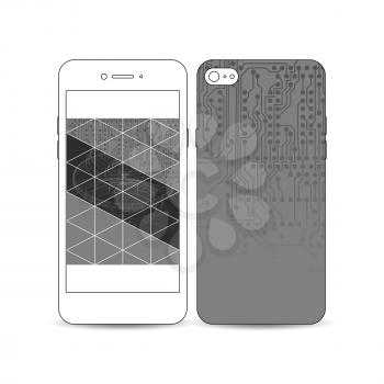Mobile smartphone with an example of the screen and cover design isolated on white background. Microchip background, electrical circuits, construction with connected lines, digital design vector 