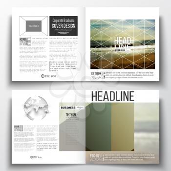 Vector set of square design brochure template. Colorful polygonal backdrop, blurred background, sea landscape, modern stylish triangle vector texture.