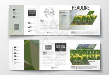 Vector set of tri-fold brochures, square design templates with element of world globe. Colorful polygonal floral background, blurred image, yellow flowers on green, modern triangular texture