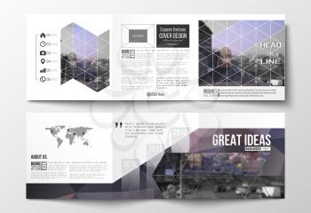 Vector set of tri-fold brochures, square design templates with element of world map. Polygonal background, blurred image, urban landscape, modern stylish triangular vector texture