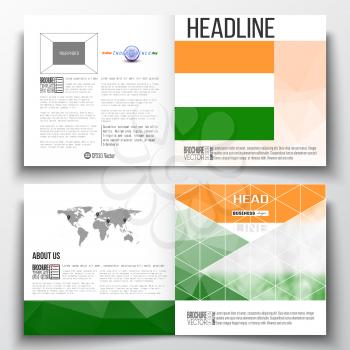 Set of square design brochure template. Background for Happy Indian Independence Day celebration with Ashoka wheel and national flag colors, vector illustration.