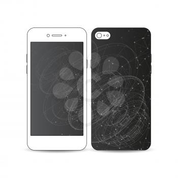 Mobile smartphone with an example of the screen and cover design isolated on white background. Molecular construction with connected lines and dots, scientific or digital design pattern on black backg