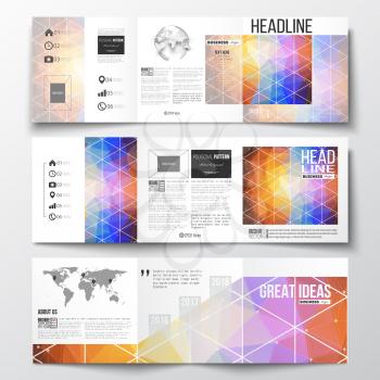 Set of tri-fold brochures, square design templates with element of world map and globe. Abstract colorful polygonal background, modern stylish triangle vector texture.