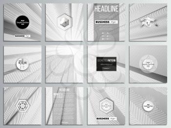 Set of 12 creative cards, square brochure template design. Abstract lines background, simple monochrome texture.