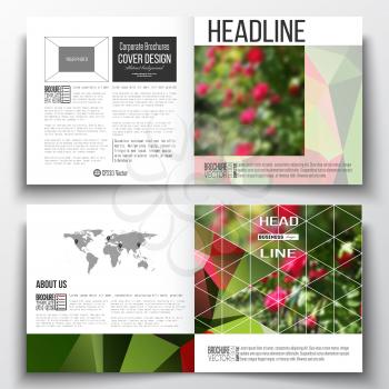 Vector set of square design brochure template. Colorful polygonal floral background, blurred image, red flowers on green, modern triangular texture.