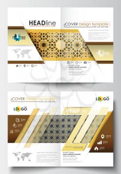 Business templates for brochure, magazine, flyer, booklet or annual report. Cover design template, easy editable blank, abstract flat layout in A4 size. Islamic gold pattern, overlapping geometric sha
