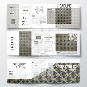 Set of tri-fold brochures, square design templates with element of world map and globe. Islamic gold pattern with overlapping geometric square shapes forming abstract ornament. Vector golden texture.
