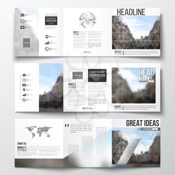 Vector set of tri-fold brochures, square design templates with element of world map and globe. Polygonal background, blurred image, urban landscape, modern stylish triangular vector texture.