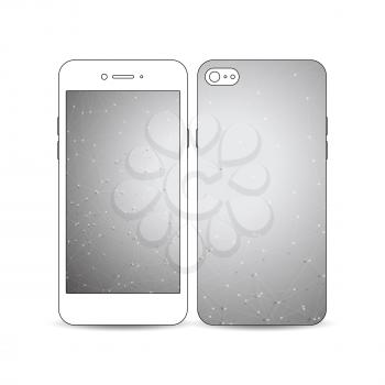 Mobile smartphone with an example of the screen and cover design isolated on white background. Molecular construction with connected lines and dots, scientific or digital design pattern on gray backgr