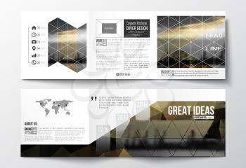 Vector set of tri-fold brochures, square design templates with element of world map. Abstract colorful polygonal background with blurred image, seaport landscape, modern stylish triangular and hexagon