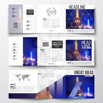 Vector set of tri-fold brochures, square design templates with element of world map and globe. Dark polygonal background, blurred image, night city landscape, Paris cityscape, triangular texture