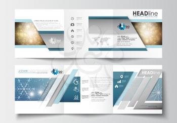 Set of business templates for tri-fold brochures. Square design. Leaflet cover, abstract flat layout, easy editable blank. Christmas decoration, vector background with shiny snowflakes and stars.