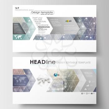Business templates in HD size for presentation slides. Easy editable abstract layouts in flat design. DNA molecule structure on blue background. Scientific research, medical technology
