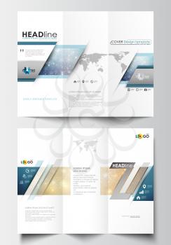 Tri-fold brochure business templates on both sides. Easy editable abstract layout in flat design. Christmas decoration, vector background with shiny snowflakes, stars.