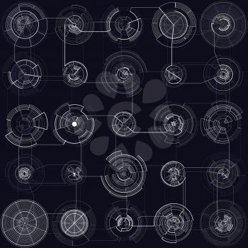 Set of abstract hud elements isolated on black background. High tech motion design, round interfaces, connecting systems. Science and technology concept. Futuristic vector
