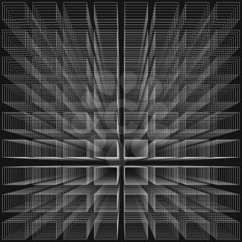 Black color abstract infinity background, 3d structure with white rectangles forming illusion of depth and perspective, vector illustration