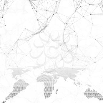 Chemistry pattern, dotted world map, connecting lines and dots, molecule structure on white. Scientific medical DNA research. Medicine, science, technology concept. Geometric design abstract backgroun
