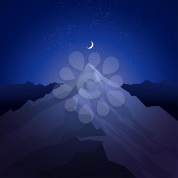 Night in the mountains. Landscape with peak. Mountaineering and traveling and outdoor recreation concept. Abstract background for web, presentations or prints. Vector illustration