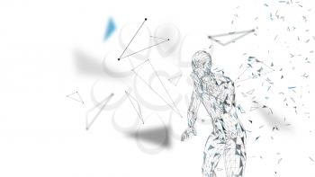 Conceptual abstract man shouting to someone. Connected lines, dots, triangles, particles on white background. Artificial intelligence concept. High technology vector, digital background. 3D render vector illustration