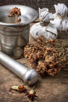 iron mortar and pestle with dried medicinal herb in the rural style.Selective focus