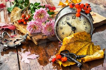 Retro watches,autumn fallen maple leaves.Image toned
