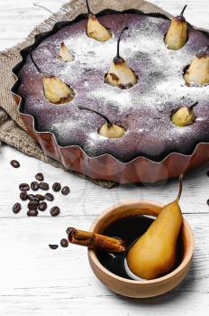 Pie with pears and coffee drink with cinnamon